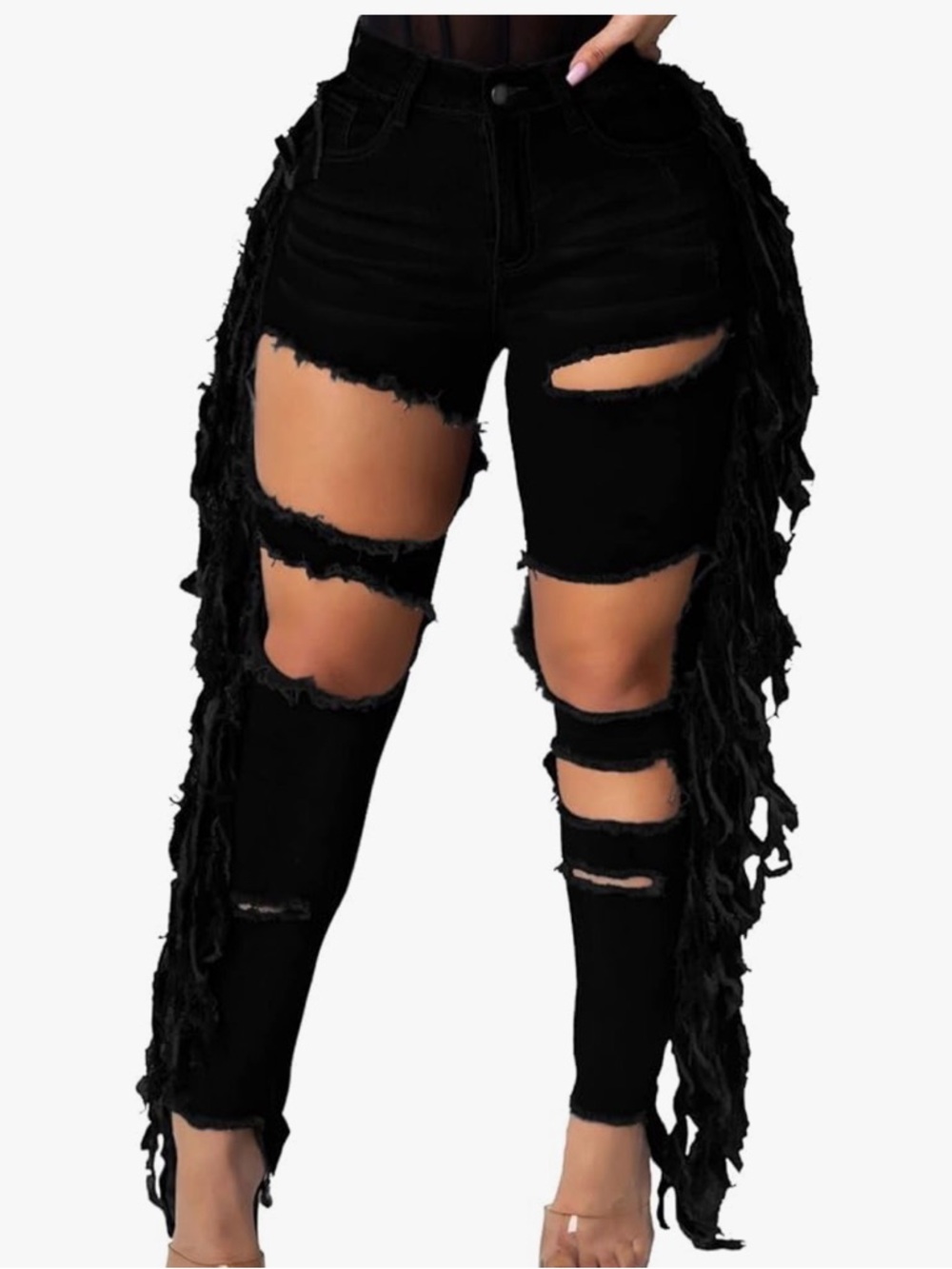 High-Rise Black Distressed Fringe Jeans for Women